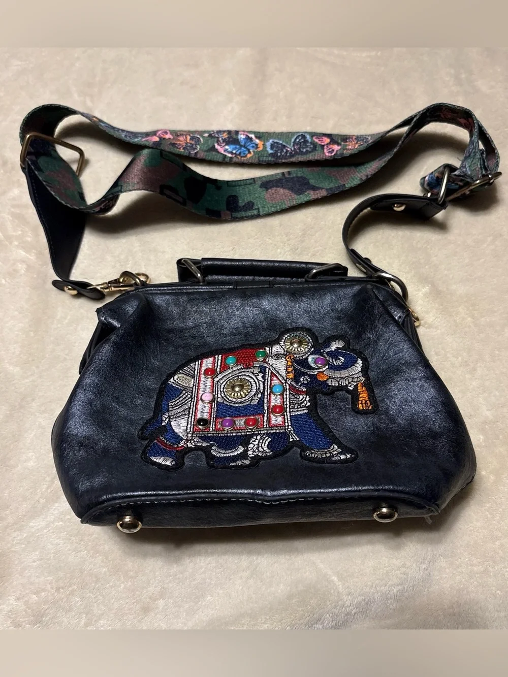 Black Embroidered Elephant Crossbody Bag with Decorative Strap